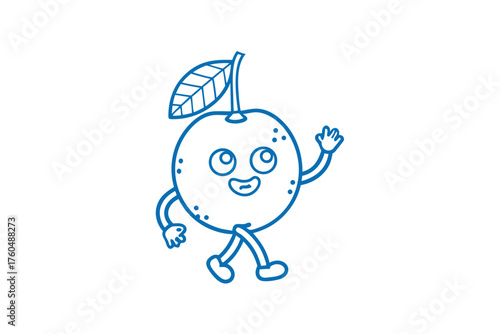 Cartoon fruit character cheerfully walks, waving with a smile, showing a single leaf