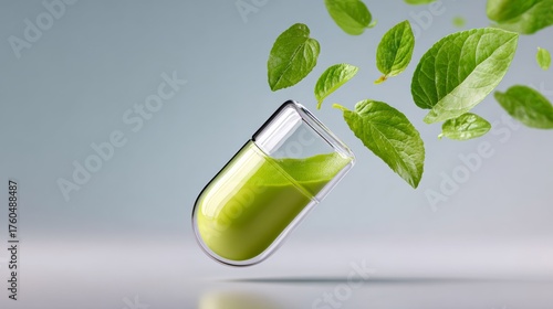 Wallpaper Mural Pill bottle with green liquid inside and leaves floating around it. Concept of health and wellness, as the green liquid and leaves suggest a natural and organic product Torontodigital.ca