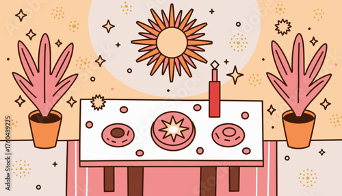 Decorative sun symbol on solstice altar in rustic room, seasonal celebration