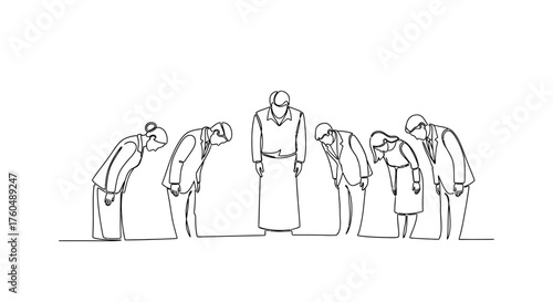 Line art illustration of a group bowing in respect with a leader standing straight in the middle