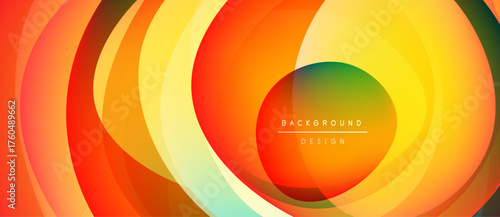 Abstract vibrant layers create dynamic circular pattern. Warm colors dominate, blending into cooler hues. Modern design element.