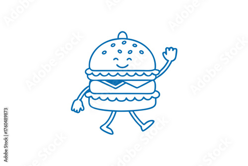 A delightful burger character cheerfully waves while walking, outlined against a clean white backdrop