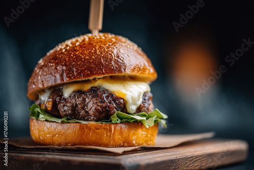 Photography of homemade tasty burger. Photo of juicy burger. Delicious fresh American food. Fat unhealthy food close-up.