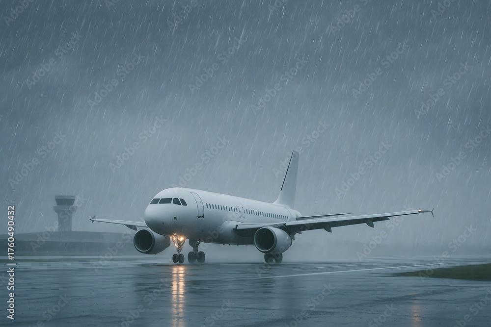 Obraz premium A commercial jet prepares to land at an airport during a heavy daytime rainstorm, with water spray and dark clouds creating a dramatic aviation scene.