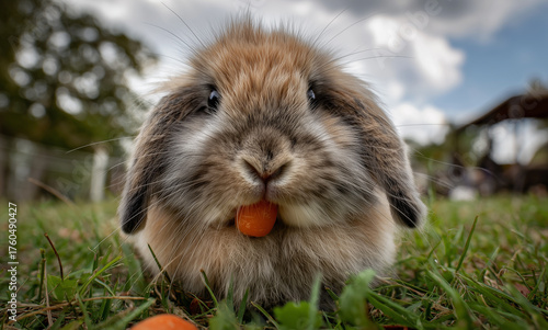 cute little rabbit is eating carrots in the green grass. Furry animals feeding organic carrot