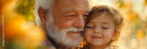 Two generations share a warm embrace in a sunlit garden filled with vibrant flowers during a peaceful afternoon