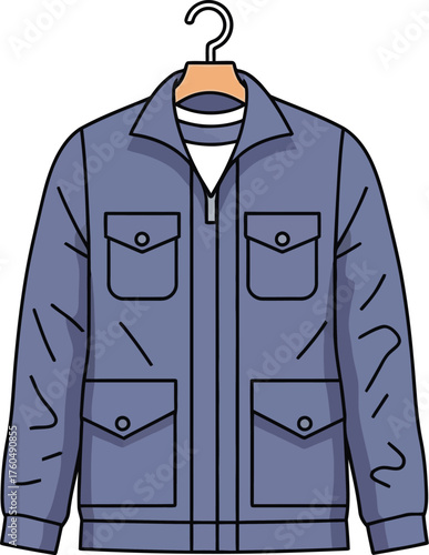 Stylish blue jacket with multiple pockets presented on a hanger, perfect for modern fashion and apparel design concepts.
