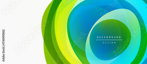 Abstract layers create vibrant circular design. Green transitions to blue, modern aesthetic. Minimalist background suitable for presentations.