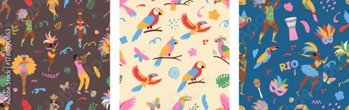 Brazilian carnival seamless pattern set. Dancing people, exotic birds, doodle elements. Modern vector illustration