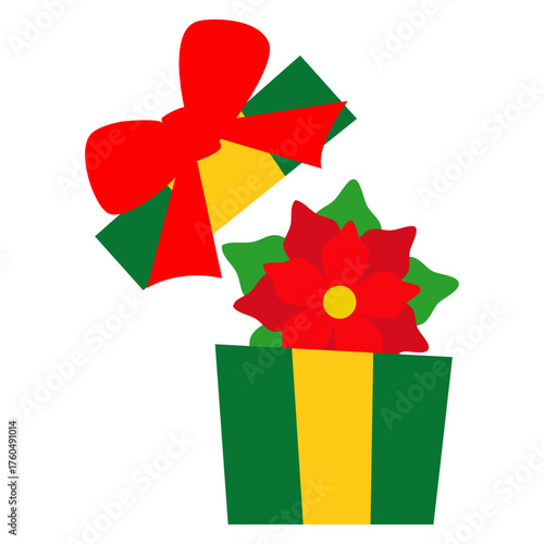 Logo con flor de poinsettia saliendo de caja de regalo para tarjetas y felicitaciones de Navidad