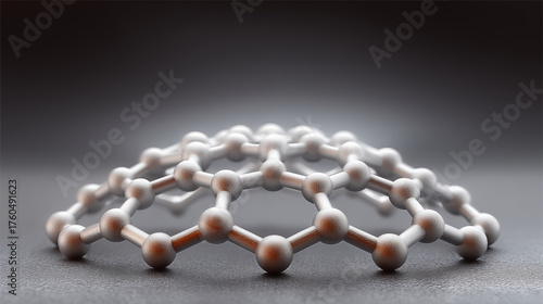 Three-dimensional molecular structure model showing interconnected atoms and bonds on gradient background. Concept of chemistry and nanotechnology research