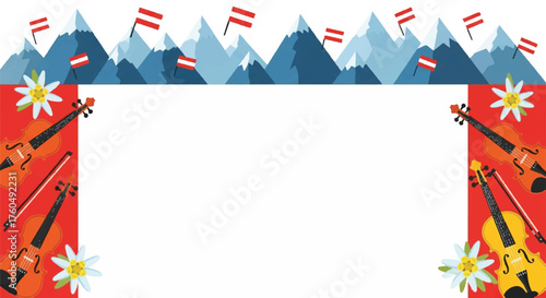 An illustration featuring violins, edelweiss flowers, Austrian flags, and mountain peaks arranged around a central white space.