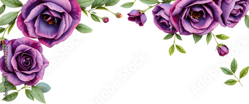 Corner watercolor frame design with violet and deep purple roses, olive-green leaves, and tiny golden buds, set against a warm cream paper texture with softly glowing center.