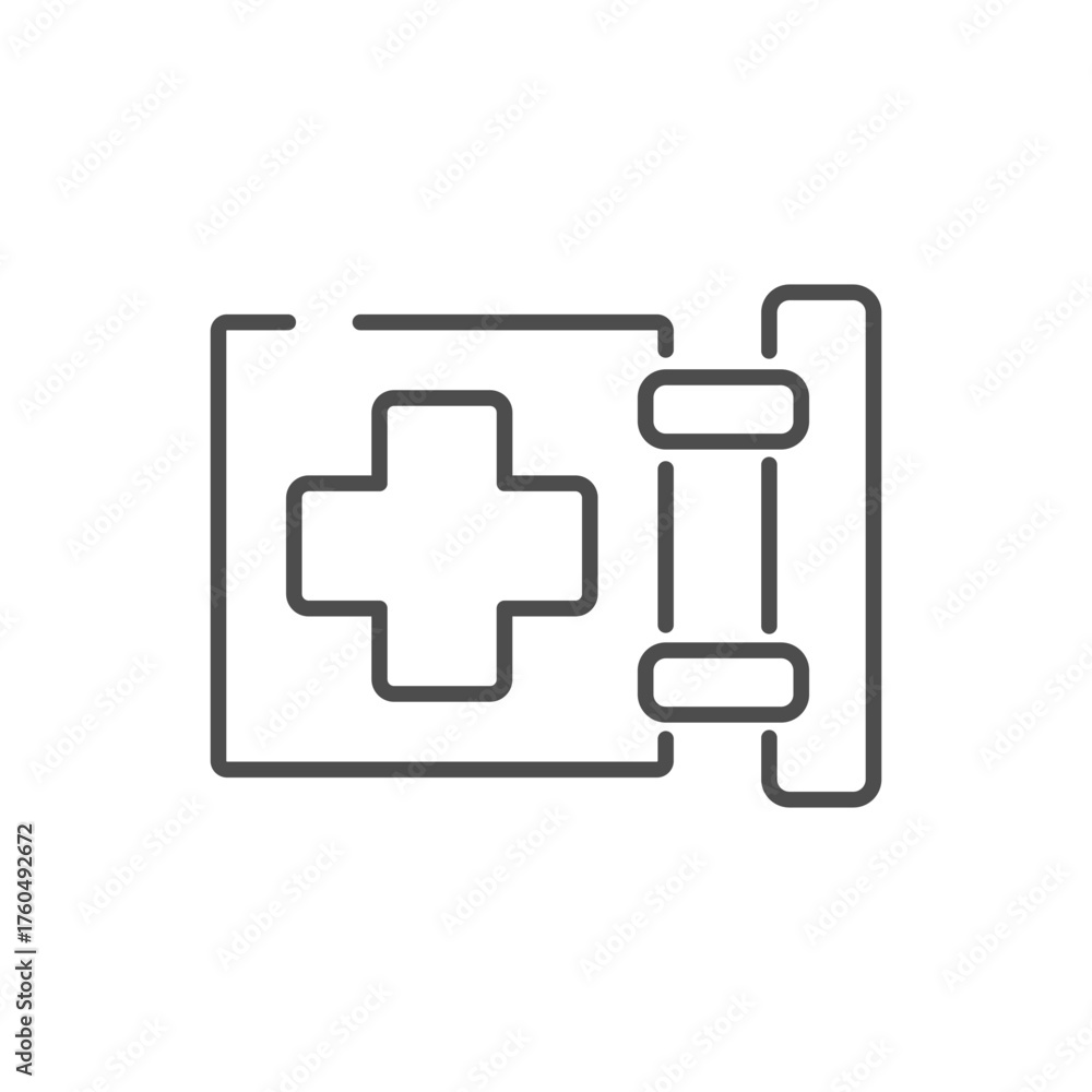 Obraz premium Pharmacy sign flat line icon. Vector outline pictogram of a vertical storefront sign with illuminated medical cross symbol and rectangular panels, symbolizing emergency aid and pharmacy location.