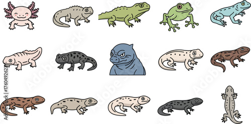 Collection of Small Reptiles and Amphibians Drawn in a Cartoon Style