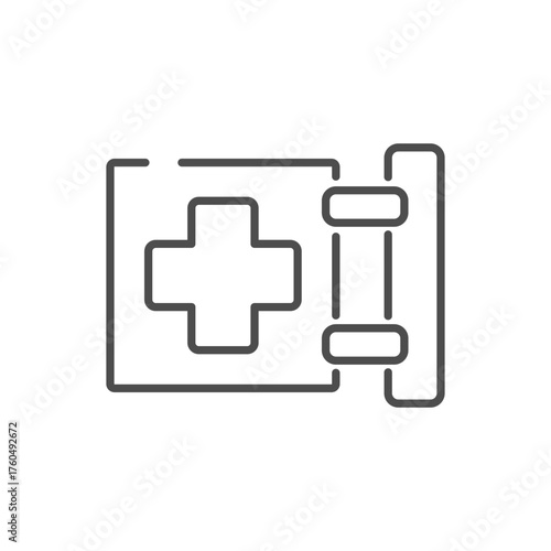 Pharmacy sign flat line icon. Vector outline pictogram of a vertical storefront sign with illuminated medical cross symbol and rectangular panels, symbolizing emergency aid and pharmacy location.