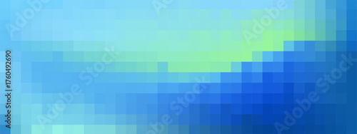 Abstract pixel backdrop displaying gradient pattern with mosaic squares. Blue and green blocks, geometric tiles, cells form digital grid. Vector texture effect.