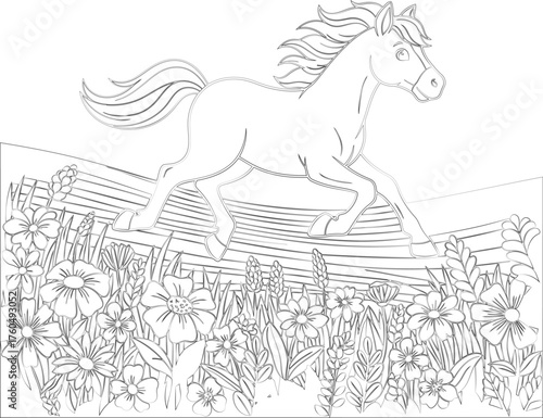 Vector art of a lively horse leaps over a fence in a field of wildflowers, , capturing the essence of freedom and the beauty of nature silhouette