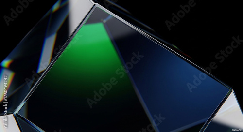 Abstract geometric prism with sharp edges and reflections, featuring a vibrant green gradient against a dark background