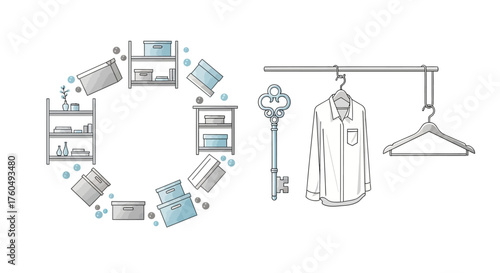 Elegant home organization vector elements with shelf wreath, hanger, and key for decluttering service branding