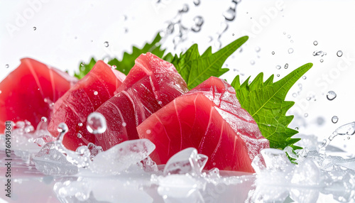 Fototapeta Naklejka Na Ścianę i Meble -  氷と水しぶきに包まれた新鮮なマグロの刺身　generative ai