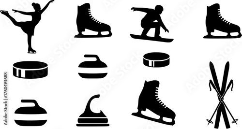 Winter sports silhouette icon set featuring ice skating, hockey, snowboarding, curling, and skiing equipment.