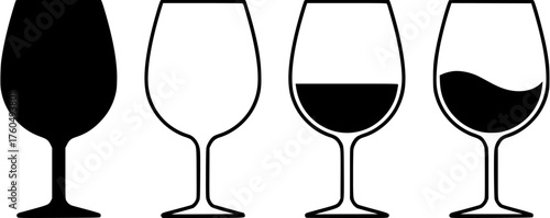 Wine glass stages icon set shows full, empty, and partially filled drink levels in a simple line art style.