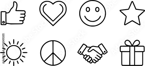 Simple line icon set with thumbs up, heart, smiley, star, sun, peace sign, handshake, and gift box.