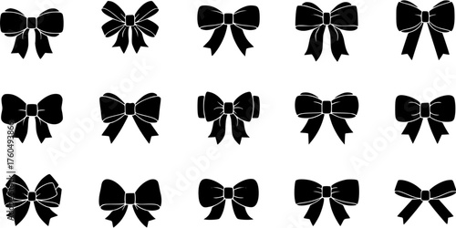 Black and white silhouette icon set of decorative gift bows with different shapes, useful for Christmas, birthdays, or special occasions.