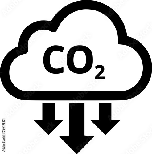 Carbon dioxide emissions cloud icon with black outline and downward arrows, representing environmental impact and pollution.