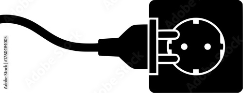 European power socket and plug in flat black and white icon style.