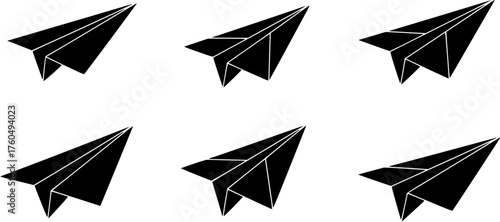 Paper plane icon set in simple black outline style representing travel, communication, or sending messages.