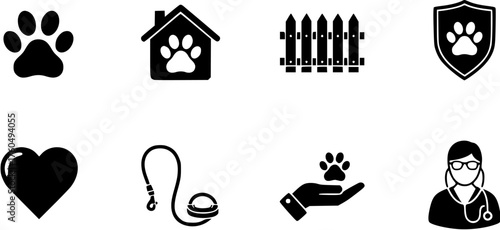 Pet care black silhouette icons set in modern style depicting veterinary, home, heart, leash, fence, hand holding paw and paw print.