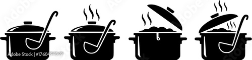 Cooking process vector icon set showing the steps of cooking soup with a pot and ladle in simple black silhouette design.