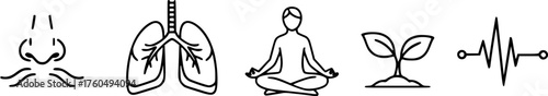Breathing and mindfulness line icon set representing wellness, health, and inner peace.
