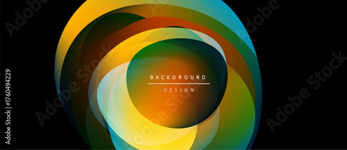 Abstract colorful layers create dynamic circular design. Bright hues blend, forming modern background element. Vivid gradients present energy.