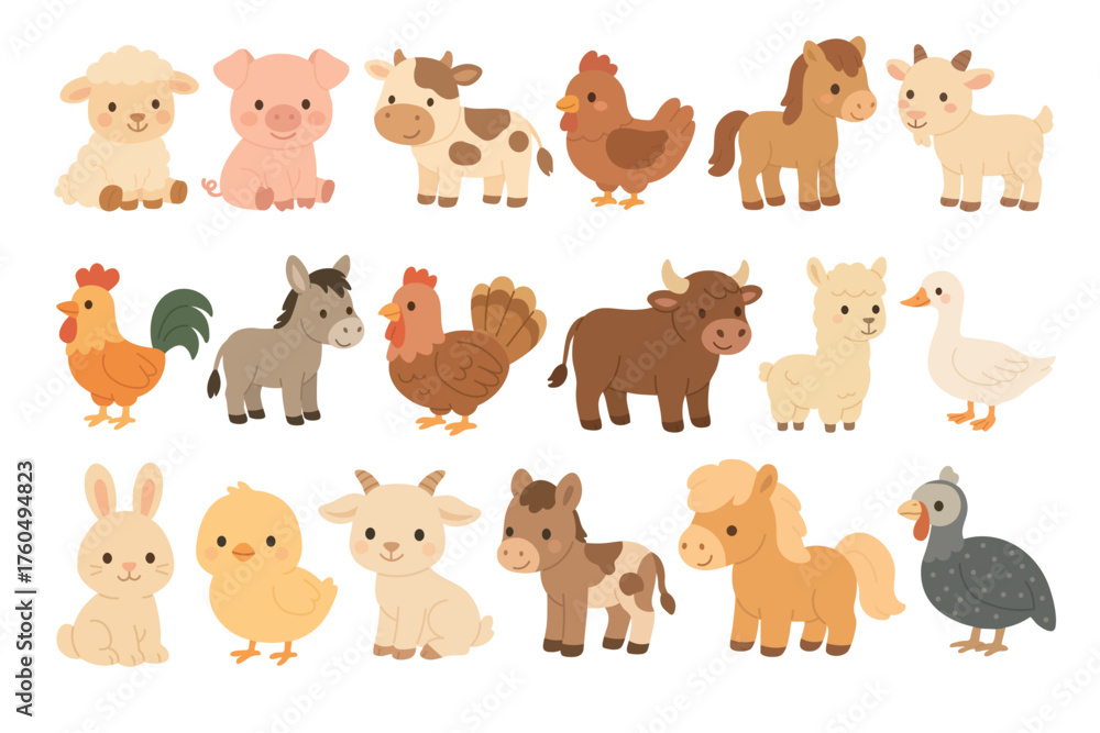 Fototapeta premium Cute farm animals set, flat vector cartoon illustration, isolated adorable domestic animal collection