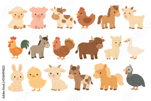 Cute farm animals set, flat vector cartoon illustration, isolated adorable domestic animal collection