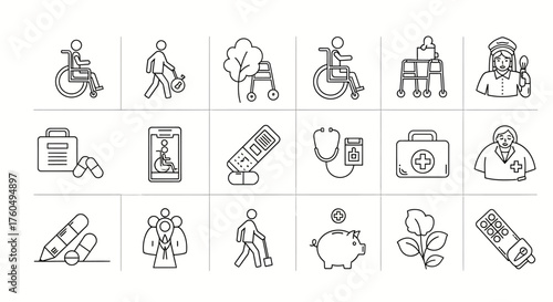Icon set for design material and graphic resource UI and UX such as travelling, music, business etc.