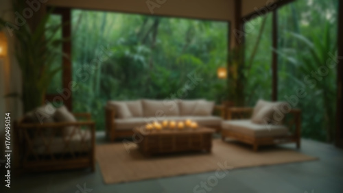 Eco-friendly luxury living room, bamboo decor and stone flooring, jungle visible outside, dusk, ambient LED and candlelight, 50mm lens, steady zoom in, Fujifilm Classic Chrome, static frame, low eye-l