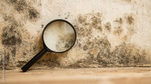 A magnifying glass is placed next to a wall showing prominent mold growth. The setting is dimly lit highlighting the texture of the mold and surrounding surface.