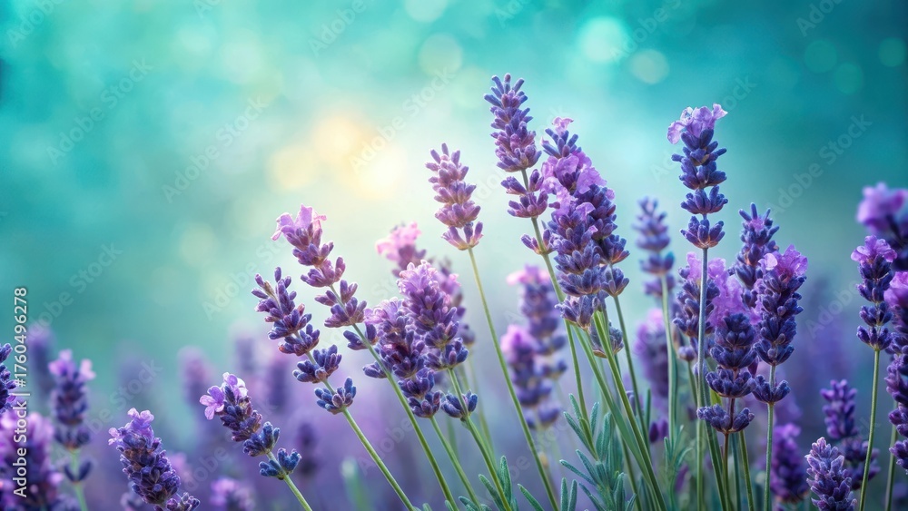 Fototapeta premium Dense purple lavender blooms in clusters on a soft light teal background