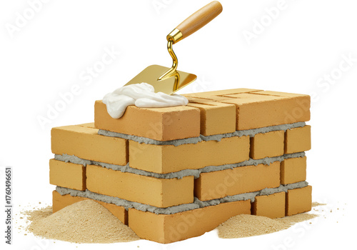 Isolated brick wall and golden trowel tool adding mortar, renovation and building project