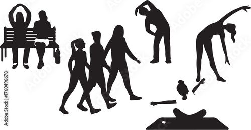 Diverse Activities Silhouette Collection People Exercising, Strolling, Relaxing Bench, Yoga Mat, Outdoor Fitness, Healthy Lifestyle Concept, Black Vector Illustration on Transparent Background