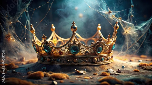A regal crown sitting atop a pile of dust and forgotten treasures