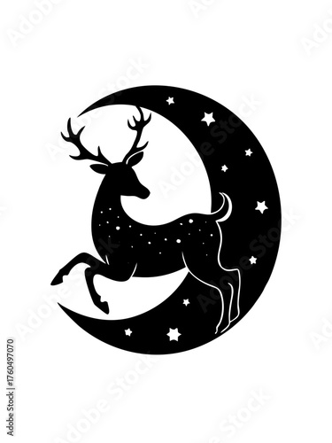 Silhouette of a jumping reindeer on a crescent moon with stars vector illustration