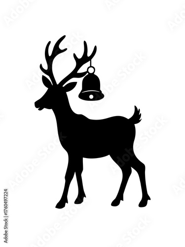 Vector silhouette of a reindeer with a christmas bell on its antlers festive icon