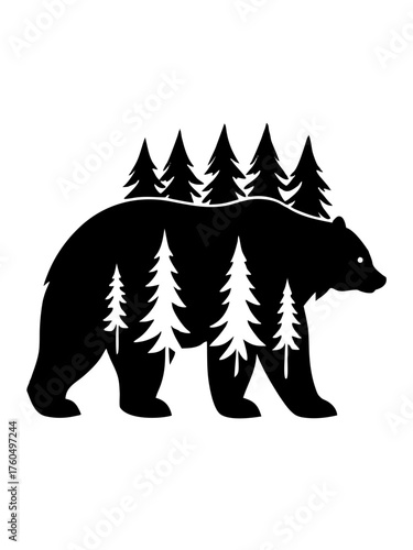 Silhouette of a majestic bear integrated with a pine forest landscape illustration