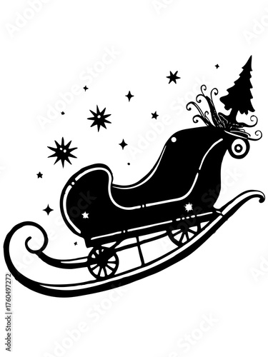 Vector silhouette of a christmas sleigh with tree and snow stars scalable illustration
