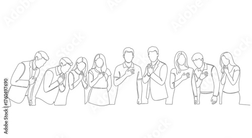 Line art illustration of diverse people paying respect with hands on heart gestures